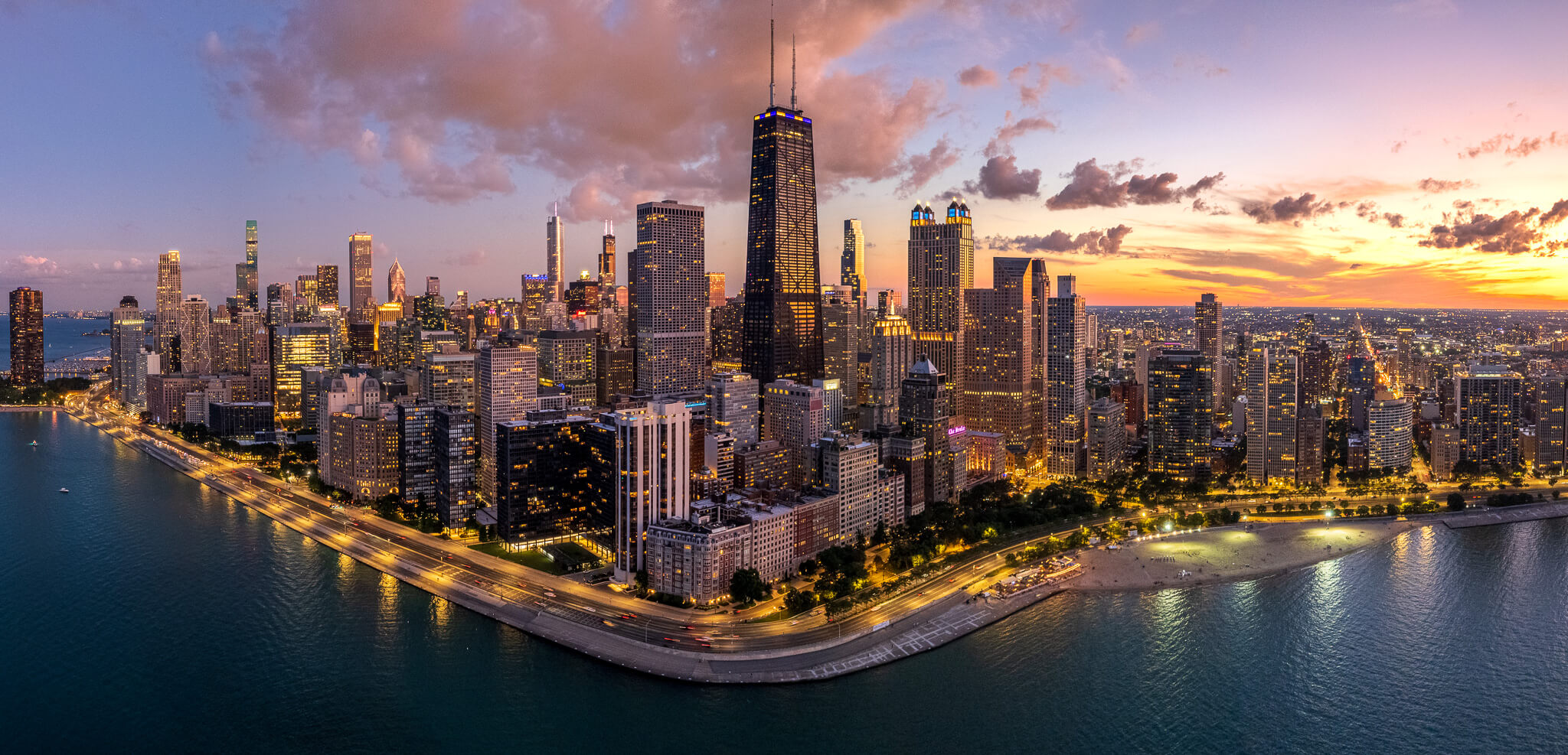 Chicago skyline at sunset