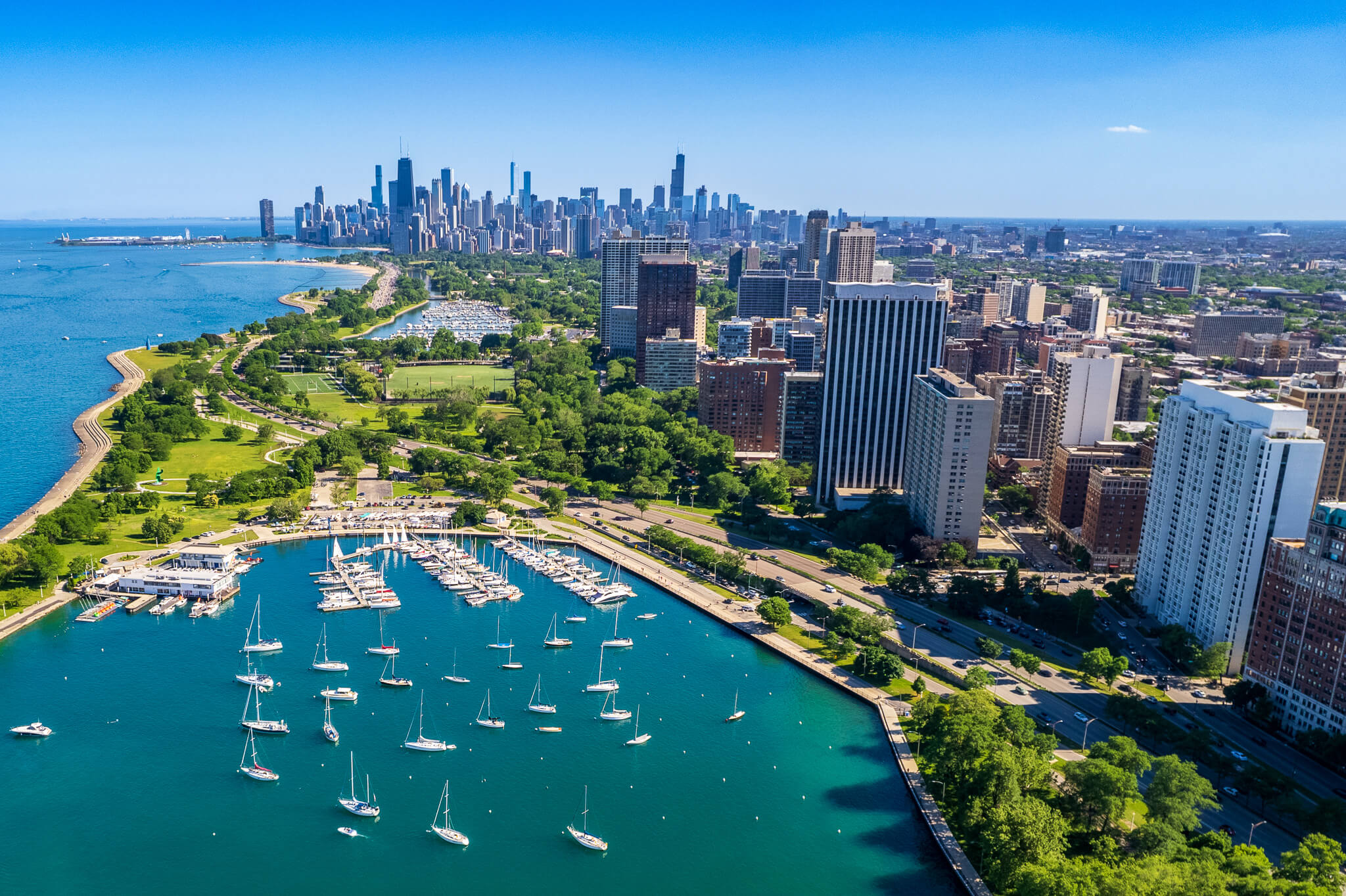 Chicago Harbor Lighthouse at night with moonrise