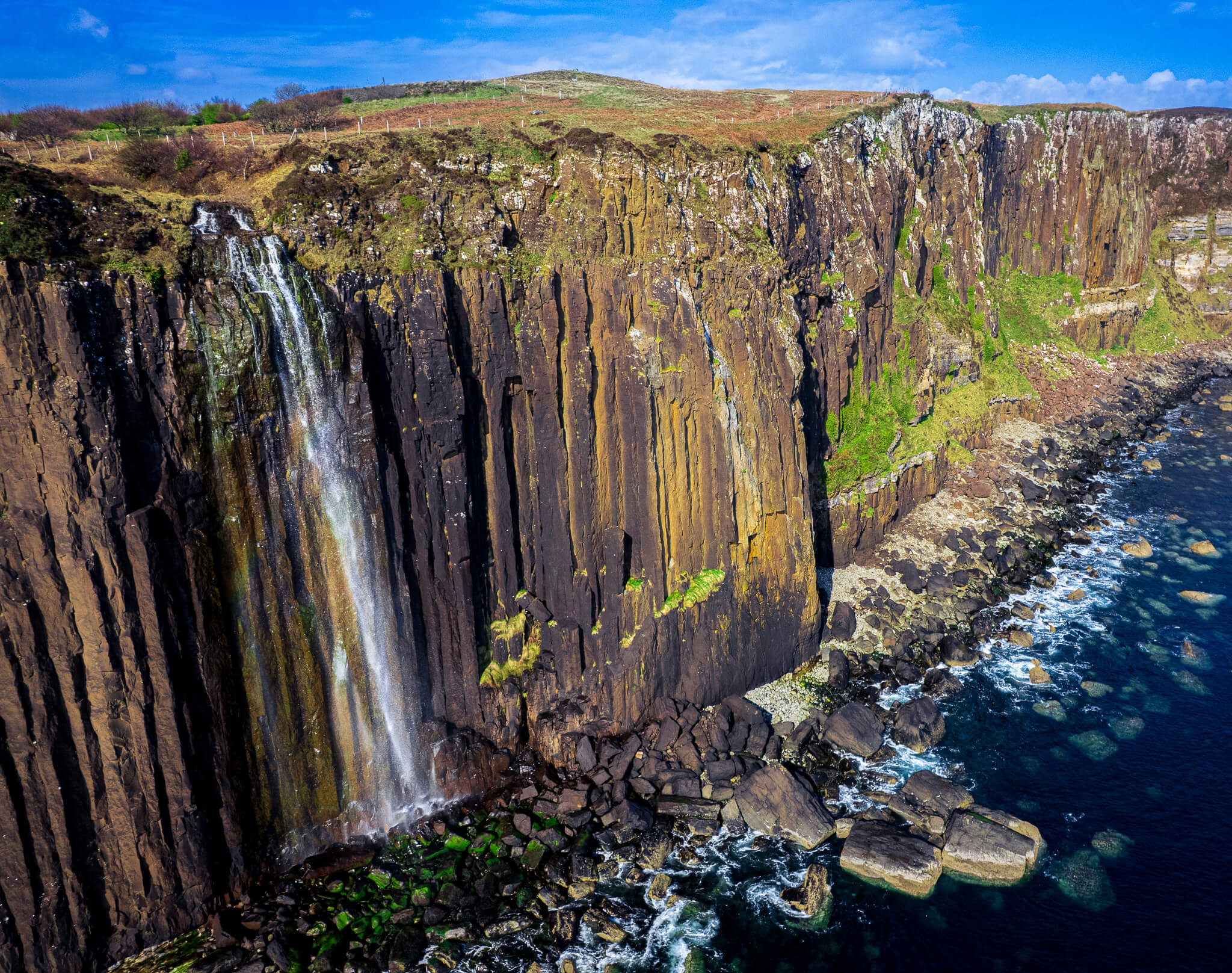 Mealt Falls cascading over basalt sea cliffs at Kilt Rock, Isle of Skye
