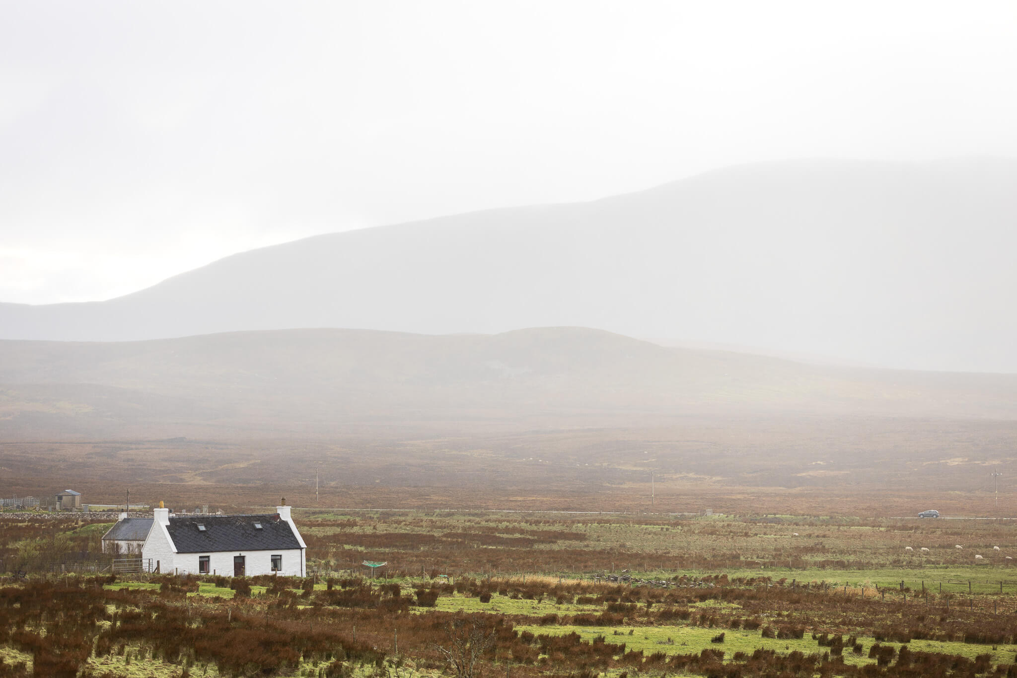 Lone white croft house in misty Highland moorland, Scotland